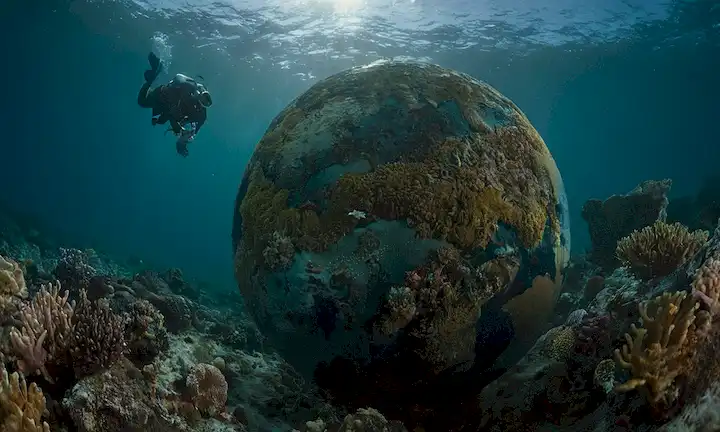 Un futuro incierto: La importancia de preservar los peces Lunas: El colosal depredador oceánico en peligro. con un globo y varias imágenes de la gigantesca criatura marina.