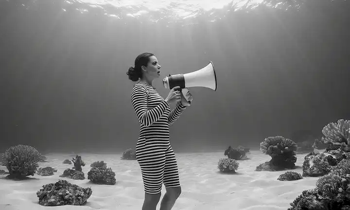 Título personaje en rayas blancas y negras, manteniendo un megáfono con acción submarina. (El título español sugiere que el libro se centra en la conservación y estrategia de la vida marina.)