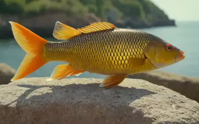 Un pez (carpa) encaramado en una roca cerca de la costa