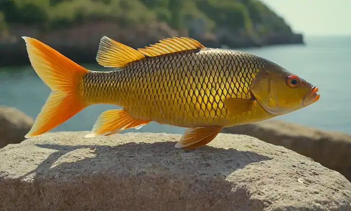 Un pez (carpa) encaramado en una roca cerca de la costa