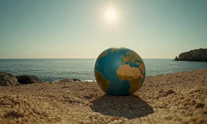 Las criaturas marinas españolas se esconden en silencio en la costa de España, con un logotipo de globo estilizado.