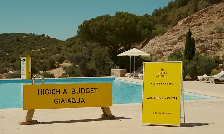 Campaña de conservación del agua con señalización y salvavidas en la piscina. En catalán, traducido a Lagulla de laigua a Catalunya: piscis com sosteniments climàtics con subtítulos ingleses para fines turísticos de 100 litros por turista.