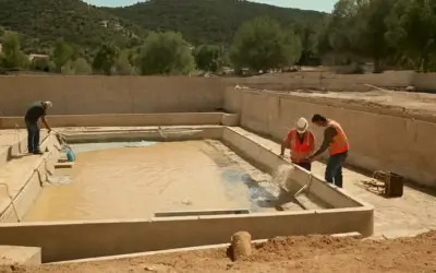 Trabajadores de la construcción reparando piscinas dañadas debido a la sequía en Cataluña