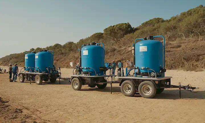 Equipo de trabajadores que utilizan máquinas de desalinización en medio de una sequía severa para proporcionar agua limpia a los turistas que visitan la playa, mostrando la importancia de soluciones sostenibles.