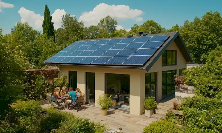 4 paneles solares en una azotea, diversos colores y tamaños, un panel con un ángulo, otro en la sombra, algunas personas alrededor, vegetación o árboles en el fondo, cielo azul, sol que brilla, posiblemente algunos accesorios relacionados con la energía cerca, tales como alambres o metros