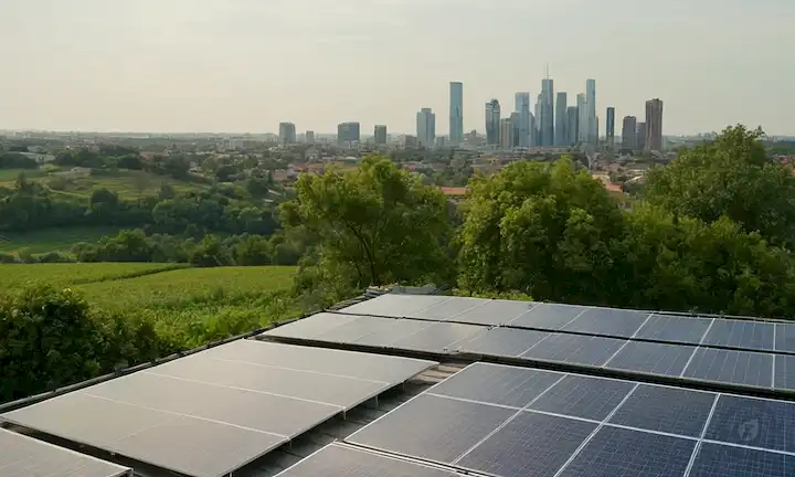 paneles solares en diferentes ambientes, como techos con cielo azul, jardines, edificios con vegetación, un paisaje agrícola, un paisaje urbano con rascacielos altos, y una zona rural con árboles