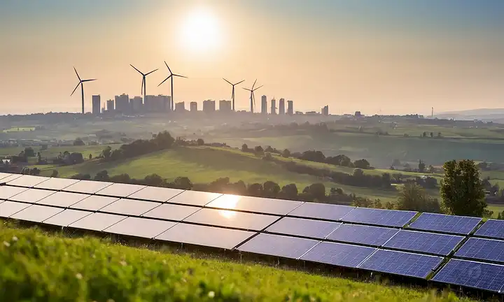 Silhouettes of solar panels on a blue sky, fields of photovoltaic panels stretching to the horizon, people holding small solar chargers, wind turbines and solar panels coexisting, a child learning with solar-powered equipment, green rooftops covered in solar cells, morning sunlight bright down on a cityscape with solar panels