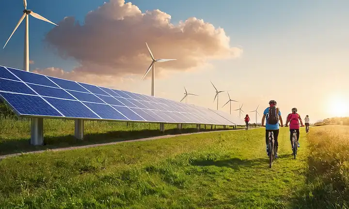 4-6 paneles con paneles solares en tejados, gente caminando o ciclismo en espacios verdes, cielos azules, luz solar que refleja agua, turbinas eólicas en el fondo, paisaje urbano al amanecer o al atardecer, logotipo de energía sostenible o símbolo, grupo diverso de individuos de diferentes edades y habilidades, paisajes urbanos y rurales coexisten, paisajes urbanos con aspecto futurista