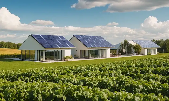 Paneles 3D, casas solares, instalaciones en la azotea, campos soleados, sistemas de eficiencia energética, paisaje verde, futuro sostenible, cielo azul, nubes blancas, diseño inspirado en la naturaleza