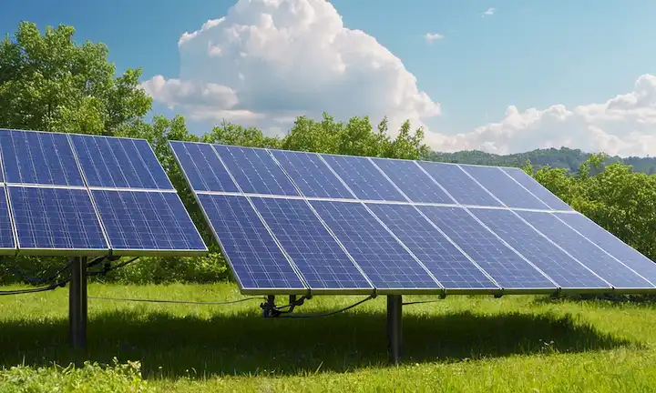 ilustración 3D de paneles solares híbridos, cielo azul, vegetación, luz solar, alambres, electricidad, gente disfrutando al aire libre, futuro sostenible, energía limpia, armonía naturaleza