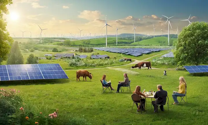 Una Tierra verde vibrante con personas, animales y árboles en armonía, rodeados de paneles solares, turbinas eólicas y símbolos de reciclaje, con un toque sutil de paisaje urbano o paisaje industrial a la distancia, todo mezclando perfectamente entre sí, transportando equilibrio y convivencia entre actividades humanas y protección ambiental