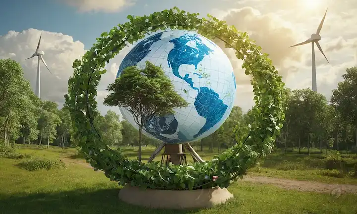 Globo 3D con vegetación brotando de grietas, símbolos de reciclaje entrelazados con ramas de árboles, una mariposa que fluye cerca de un símbolo de reciclaje, una pequeña turbina del viento girando en el fondo, paneles solares brillando en la esquina