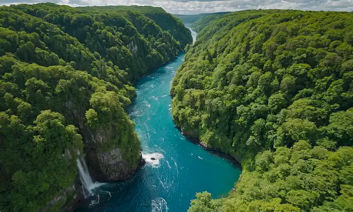 un planeta Tierra desde el espacio, bosques verdes, océanos azules, símbolos de reciclaje, paneles solares, turbinas de viento, árboles, animales, cascadas, montañas, ríos, nubes, sol