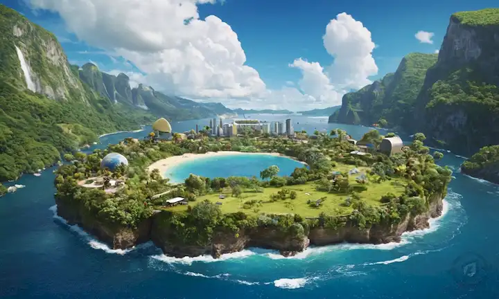 Tierra 3D, vegetación, fuentes de energía renovables, personas sonrientes, diversa fauna, símbolos de reciclaje, objetivos de desarrollo sostenible, sistemas globales interconectados, cielos azules, nubes blancas, aguas tranquilas, ecosistemas vibrantes, unidad y armonía entre humanos