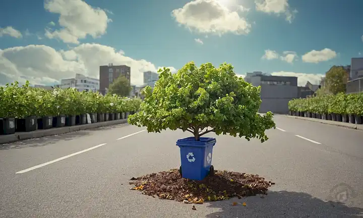 3D Tierra con hojas y flores, vegetación creciendo a partir de grietas en un camino concreto, paneles solares en tejados, contenedores de reciclaje que rebosan con botellas de plástico, una persona plantando un árbol en el fondo, un cielo azul con algunas nubes blancas, un paisaje urbano sutil en la distancia