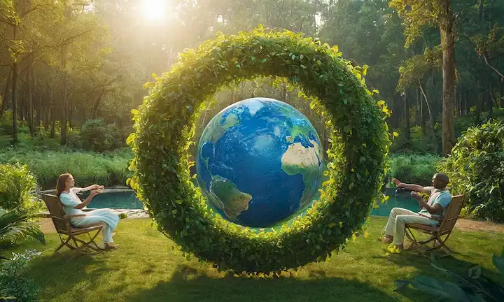 3 esferas o anillos interconectados, plantas y árboles verdes, agua azul, sol amarillo, figuras humanas trabajando juntas, símbolos de reciclaje, dispositivos de eficiencia energética, movimiento circular, equilibrio armónico