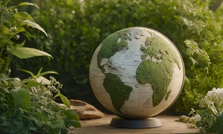 Greenery, tonos terrenales, formas circulares, elementos interconectados, hojas, flores, un pequeño globo o un icono de la Tierra, texturas naturales como madera y piedra, tal vez un sutil guiño al reciclaje o reutilizar materiales, un sentido de armonía y equilibrio