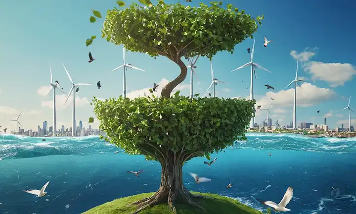 Globo 3D con vides y hojas entrelazadas, vegetación rodeando aguas azules, paneles solares en un techo soleado, contenedores de reciclaje que rebosan con materiales coloridos, una abeja polinizando una flor en medio del follaje e<center><img data-lazyloaded=