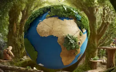 Globo 3D con elementos naturales interconectados (plantas