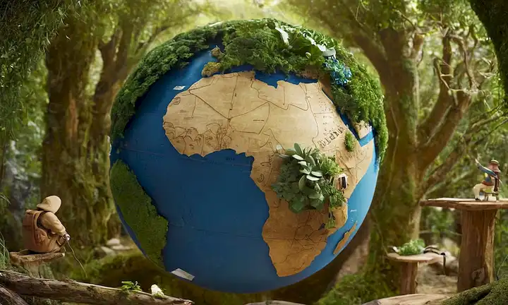 Globo 3D con elementos naturales interconectados (plantas