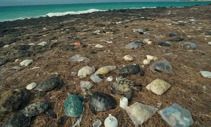 Escombros de plástico, tortugas marinas atrapadas, redes de pesca enredadas, deslizamientos de aceite que se propagan, nubes de contaminación, vida marina que lucha, bolsas de basura flotando, olas oceánicas que chocan, arrecifes de coral blanqueando, desechos de la playa, ecosistemas submarinos que mueren