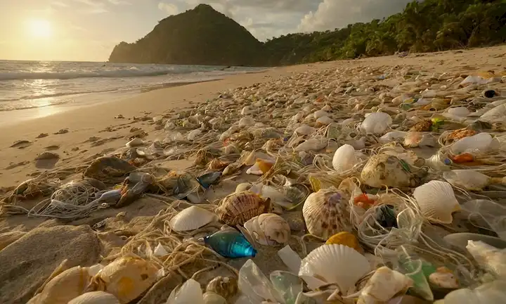 Sellos esparcidos, bolsas de plástico enredados, playa bañada con pajas, botellas y redes de pesca, olas oceánicas chocando contra costas contaminadas, natación de peces en medio de escombros, arrecifes de coral dañados, tortugas marinas atrapadas en anillos de seis bolsas, suelo marino ahogados por basura descartada, puesta del sol en una costa desacrada
