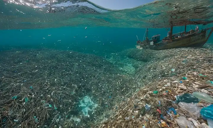 Toneladas de bolsas de plástico, botellas rotas, viejas redes de pesca, y pequeñas microplásticos flotando en agua turquesa, en medio de una escuela de peces nadando lejos de la contaminación, con una isla distante o barco en el fondo, rodeado de espuma marina y corrientes llenas de basura