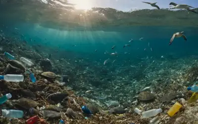 Una superficie de océano serena con residuos plásticos dispersados