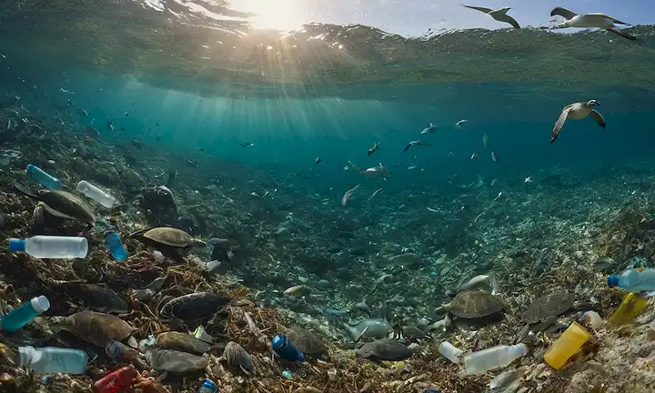 Una superficie de océano serena con residuos plásticos dispersados