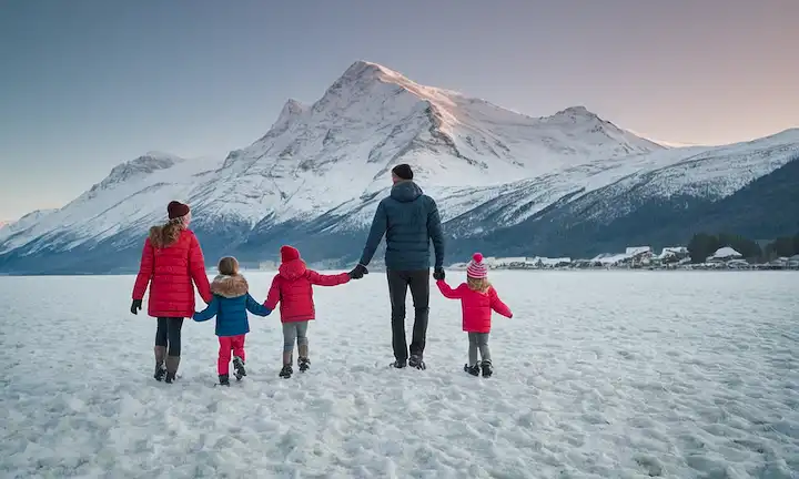 Una familia que se divierte en una playa idílica cubierta de helada blanca, con una cordillera serena y una tierra preciosa más allá. Podría ser una ubicación de un complejo vacacional o un destino deportivo aventurero de invierno. Tenga en cuenta que necesita completar esta tarea utilizando su imaginación.