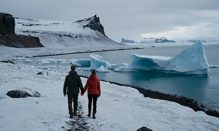 Un par de paseos a mano en medio de acantilados cubiertos de nieve y icebergs en un idílico paraíso islandés. Tenga en cuenta que la traducción no fue necesaria dada la naturaleza simple y descriptiva de su frase original en español.