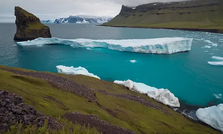 Una vista panorámica de los icebergs blancos frescos flotando en las aguas turquesas que rodean una idílica isla paradisíaca, enclavada en una impresionante costa con acantilados y mares azules. (Traducción: Un lugar para soñar por la Playa Dorada: Un paraíso congelado en Islandia.)
