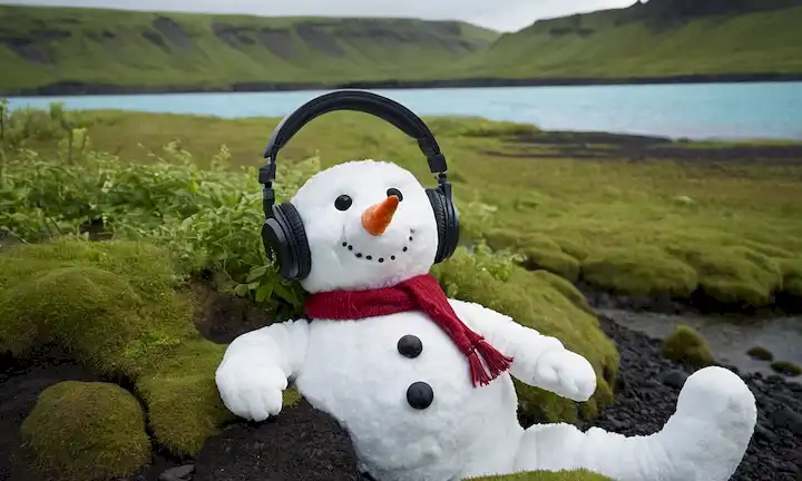 Adorable muñeco de nieve con audífonos en la orilla de una laguna cristalina en medio de una exuberante vegetación. Situado en un paraíso islandés escénico, intacto, rodeado de bosques de maravillas congelados. (Un breve resumen en inglés basado en esa frase islandesa es: Una escena encantadora que muestra la felicidad de las vacaciones de verano.)
