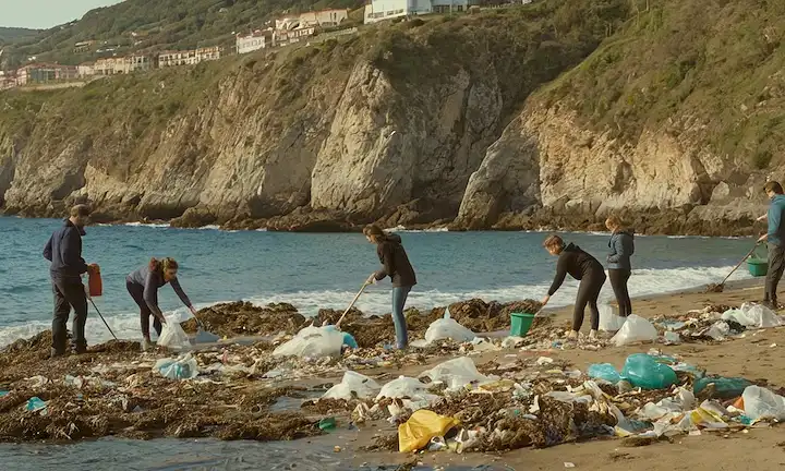 Crowds of people working together to clean up litter from coastal playspaces made of plastic. Con tonos de acuarela superando la imagen, destacando el trabajo en equipo y la preocupación ambiental como las costas gallegas y asturianas afectadas por la contaminación de desechos marinos.