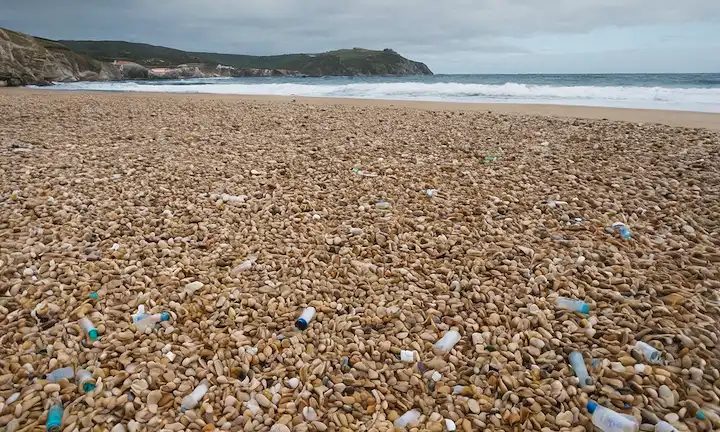 Imagen onda de playas contaminadas con litera flotando en el fondo. El título se refiere a un reto español que implica limpiar pellets de plástico a lo largo de las costas de Galicia y Asturias desde 2014. Para la brevedad, esto se puede reformular como Banding Together: Plagada por Contaminación: Una imagen de onda que representa el impacto de la basura plástica en las playas de las regiones costeras españolas de Galicia y Asturias.