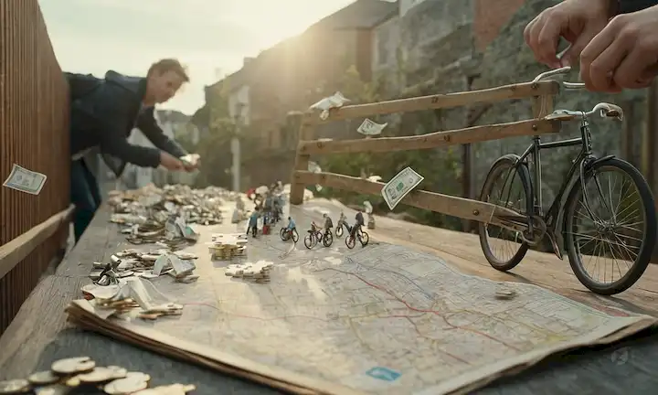 Paisaje urbano 3D con gente caminando y ciclismo, manos sosteniendo dinero, escalera rota inclinada contra una valla, lupa en un mapa, piezas de rompecabezas que encajan, faroles encendido, llave desbloqueando una puerta, escaleras que conducen a un futuro brillante