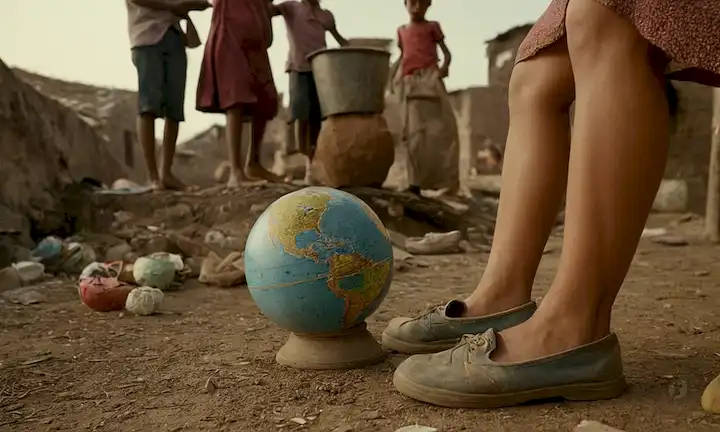 Globo 3D con grietas, paisaje urbano con barrios marginales, tugurios superpoblados, niños jugando con juguetes improvisados, mujer asolada por la pobreza sosteniendo olla vacía, cerca de zapatos desgastados, pies desnudos de pie en terreno áspero, y un esbozo débil de símbolo de desigualdad (por ejemplo, una escala inclinada)
