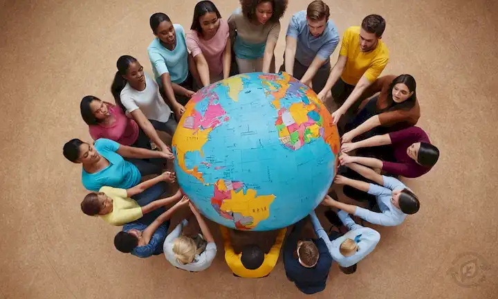 globo 3D con piezas de rompecabezas fragmentadas que forman un círculo, representando la diversidad y la interconexión, rodeadas de personas de diferentes etnias y edades, que transmiten inclusividad, unidad y luchas compartidas