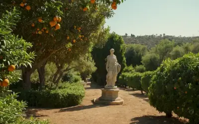 Una exuberante arboleda naranja con árboles pesados con fruta