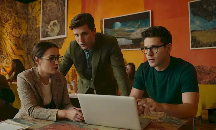 Los miembros del equipo de campaña discuten el tema de las campañas a través de un portátil frente a un fondo artístico. Una leyenda podría leer: Arte como Educación – La historia continúa.