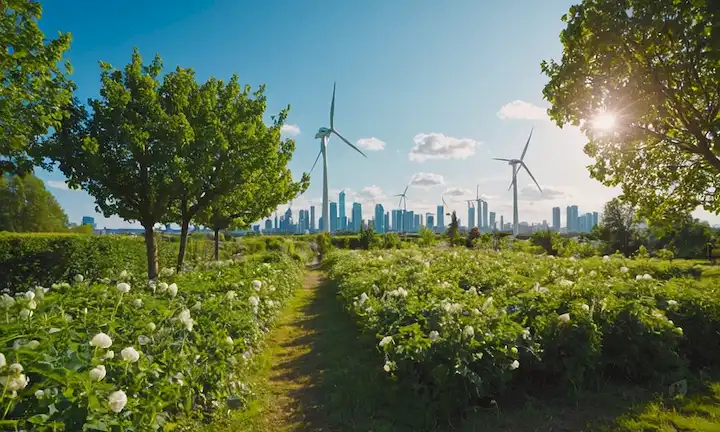 Bombillas brillantes, medidores de potencia, hogar ecológico, oficina ocupada, paneles solares, turbinas eólicas, electrodomésticos eficientes en energía, vegetación, cielos azules, familia feliz, estilo de vida sostenible, futurístico paisaje urbano con espacios verdes