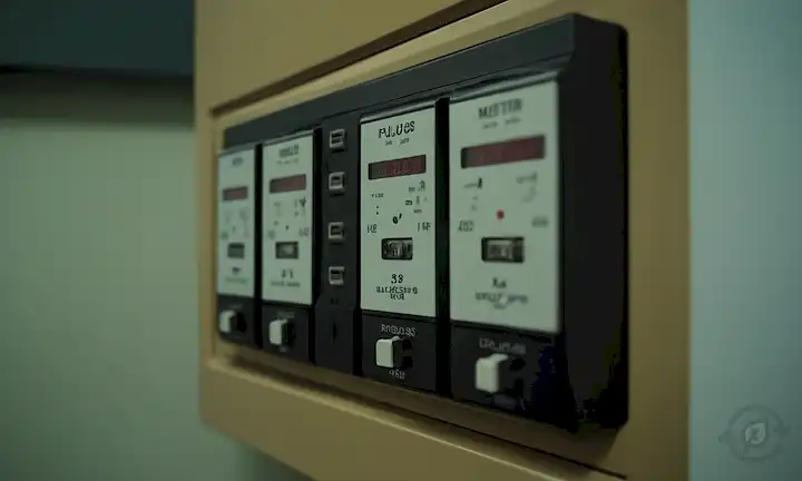 Medidores de electricidad, electrodomésticos, luces, enchufes, circuitos, alambres, tomas de corriente y un entorno doméstico o comercial con equipos eléctricos