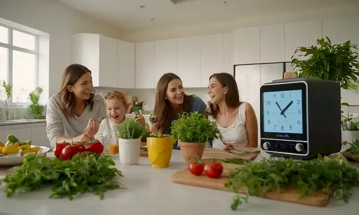 Hogar eficiente en energía con luces LED, termostato y electrodomésticos, plantas verdes, y un reloj con una familia sonriente riéndose y cocinando juntos en el fondo, con una pantalla sutil del medidor de potencia en la esquina