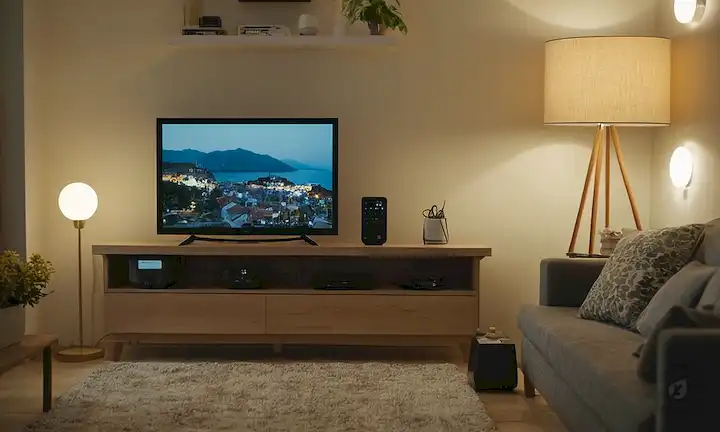 Electrodomésticos, medidor de electricidad, enchufe, enchufe, bombillas, carga de dispositivos, centro de casa inteligente, luces LED, cable de alimentación, y una acogedora sala de estar con TV, silla y mesa