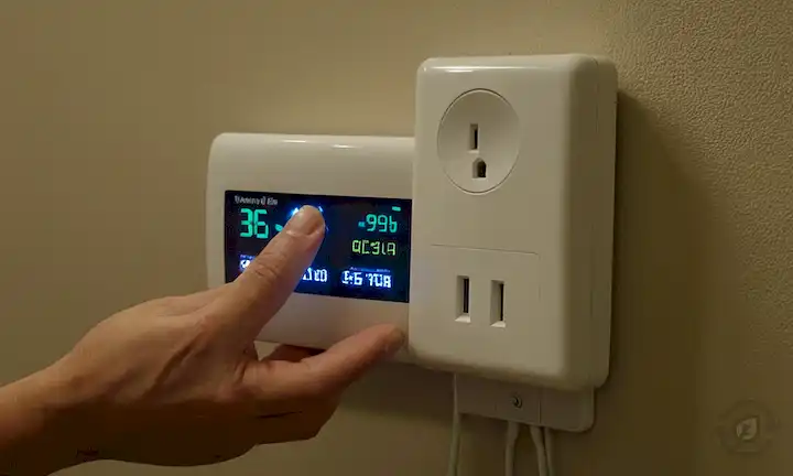 electrodomésticos enchufados pero apagados, bombillas LED encendidas, tira de energía con múltiples dispositivos conectados, artículos de hogar con bajo uso de energía, una persona que sostiene un medidor de potencia, un termostato, un centro de hogar inteligente u otras tecnologías energéticamente eficientes, un fondo con un tema sutil de ahorro de energía, como una hoja verde o un bombo