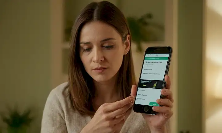 Mujer usando su smartphone para consultar opiniones en línea para un artículo antes de hacer una compra. El texto aparece: Error del precio: ¿puedo reclamar el producto del precio incorrecto? con diversas herramientas y opciones en línea implicadas.