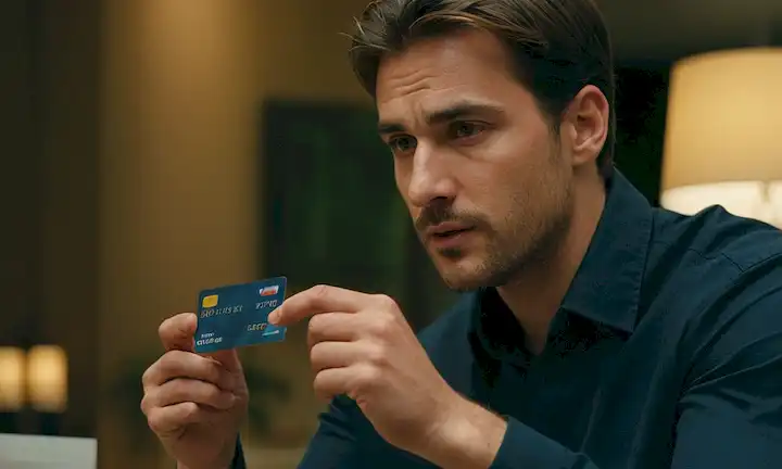 El hombre usando una tarjeta de crédito para comprar algo con un error en el precio, explicando conceptos clave con palabras simples, y concluyendo su posible para que los clientes reclamen artículos a precio completo.