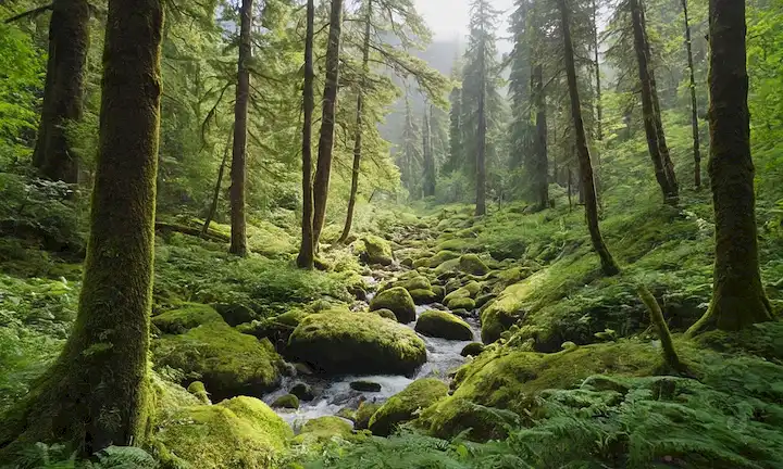 Bosque verde visbrant, fauna diversa, impacto del cambio climático, especies en peligro, glaciares de fusión, aguas contaminadas, ecosistemas interconectados, hábitats frágiles, acción urgente requerida