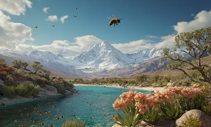 diversos ecosistemas, especies interconectadas, exuberantes bosques, arrecifes de coral, montañas nevadas, paisajes desérticos, abejas polinizando flores, aves en vuelo, peces nadando en ríos, insectos arrastrando sobre hojas, árboles inclinados hacia el otro, la vida vegetal entrelazada, nubes flotando a través del cielo