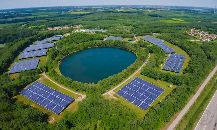 Paneles solares en tejados, turbinas eólicas en campos, árboles verdes con luces LED, contenedores de recicla<center><img decoding=